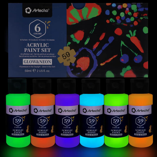 Artecho Neon & Glow Acrylfarben Set – 6x59ml in Flaschen, Neoneffekt unter Schwarzlicht - SETL