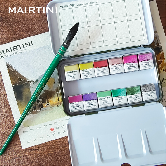 Mairtini Caravaggio Professionelles Aquarell-Set in halben Näpfchen mit Premium Metall/Holzkasten, 12/24/36 Farben - SETL