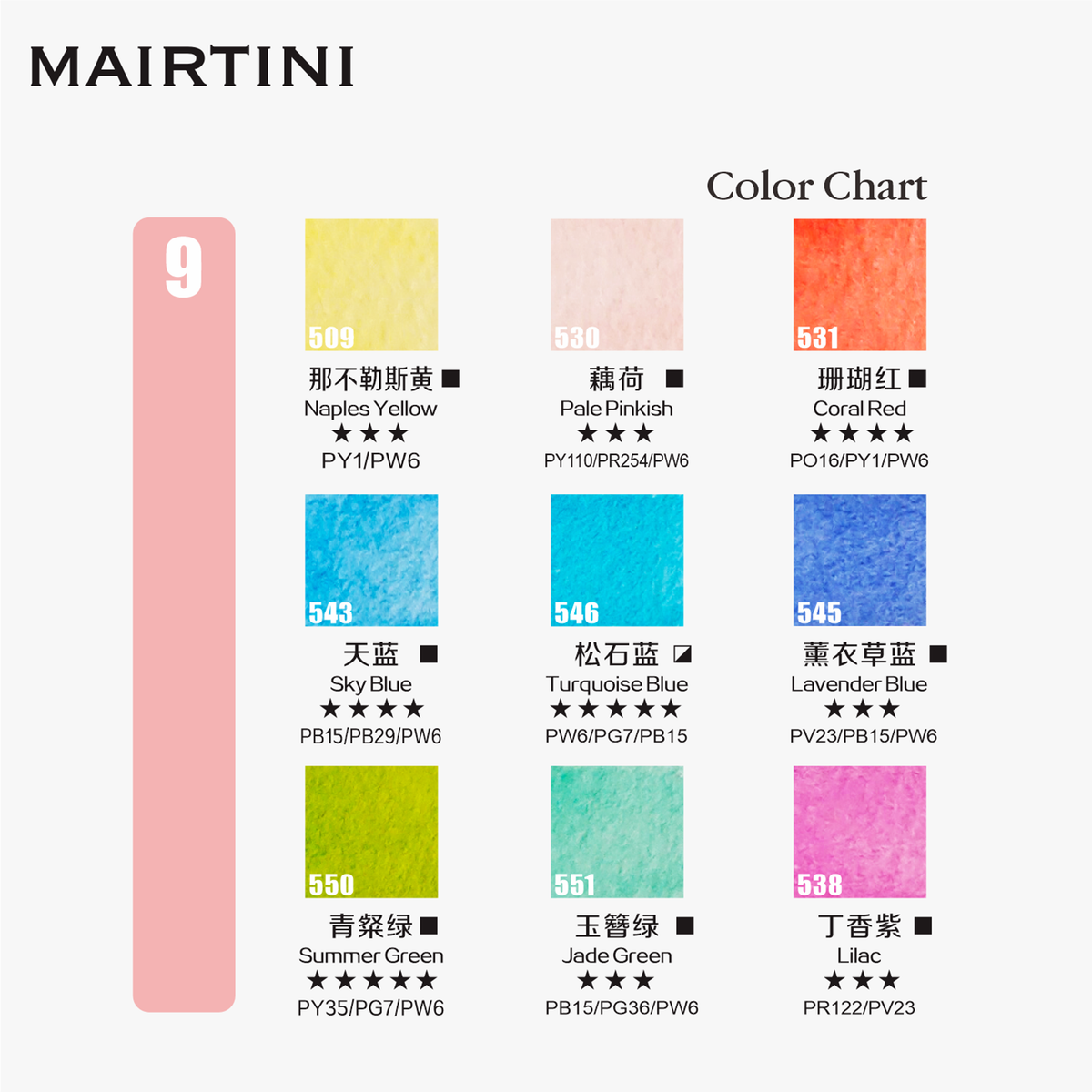 Mairtini Academy Aquarellfarbe Set - 9 intensive Farben im mini stylischen grün/ rot/ rosa Reiseetui - SETL
