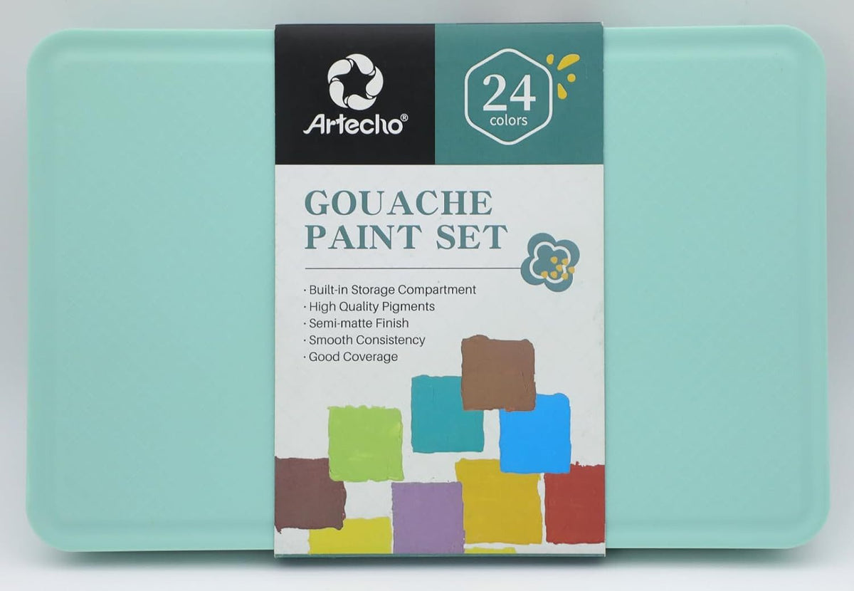 Artecho Gouache Set - 24 x 30 ml Farben mit 10 Pinseln und 1 Palette - SETL