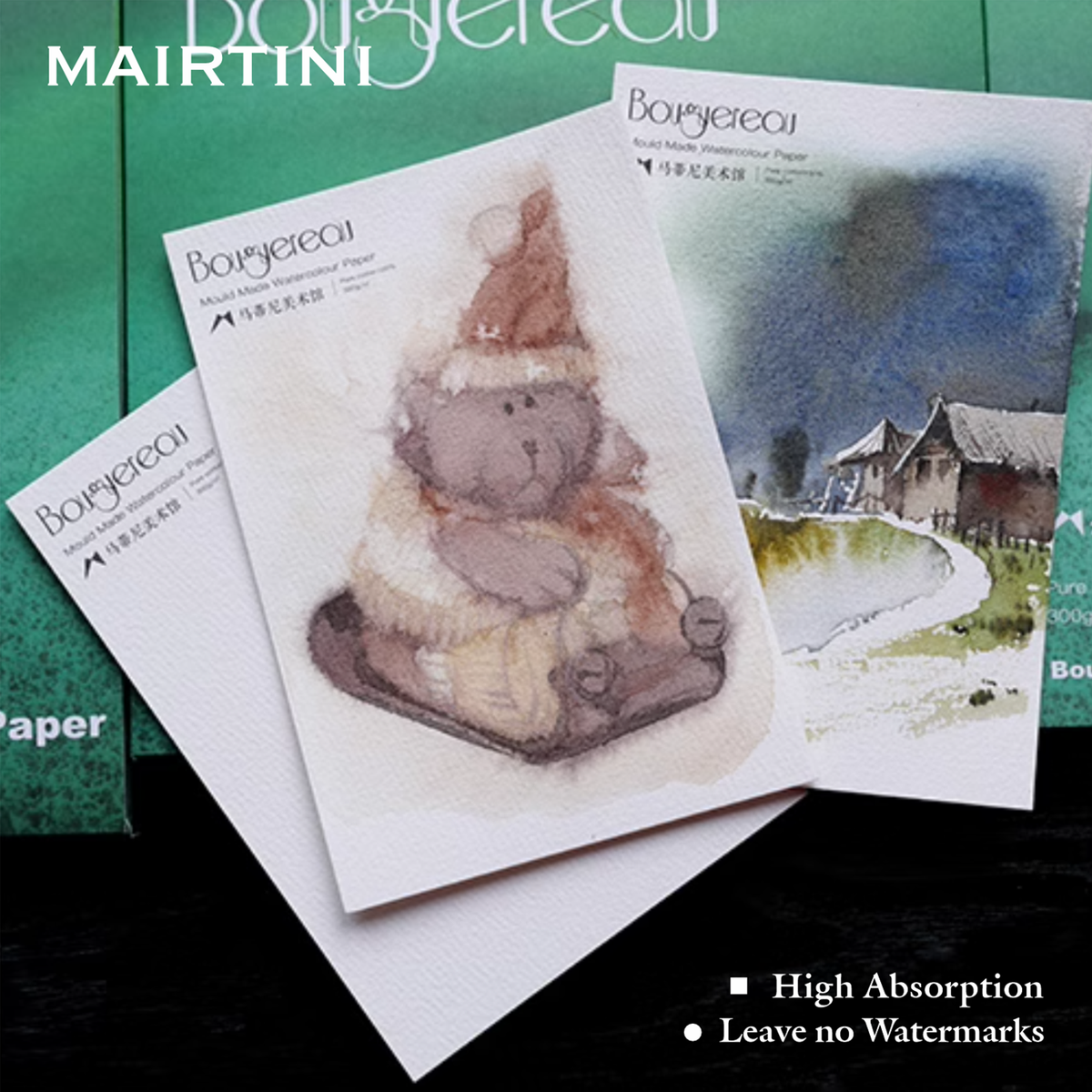 Mairtini Bouguereau Aquarellpapier 20 Blatt -200 g/m² oder 300 g/m² -  100% Baumwolle, kaltgepresst - SETL