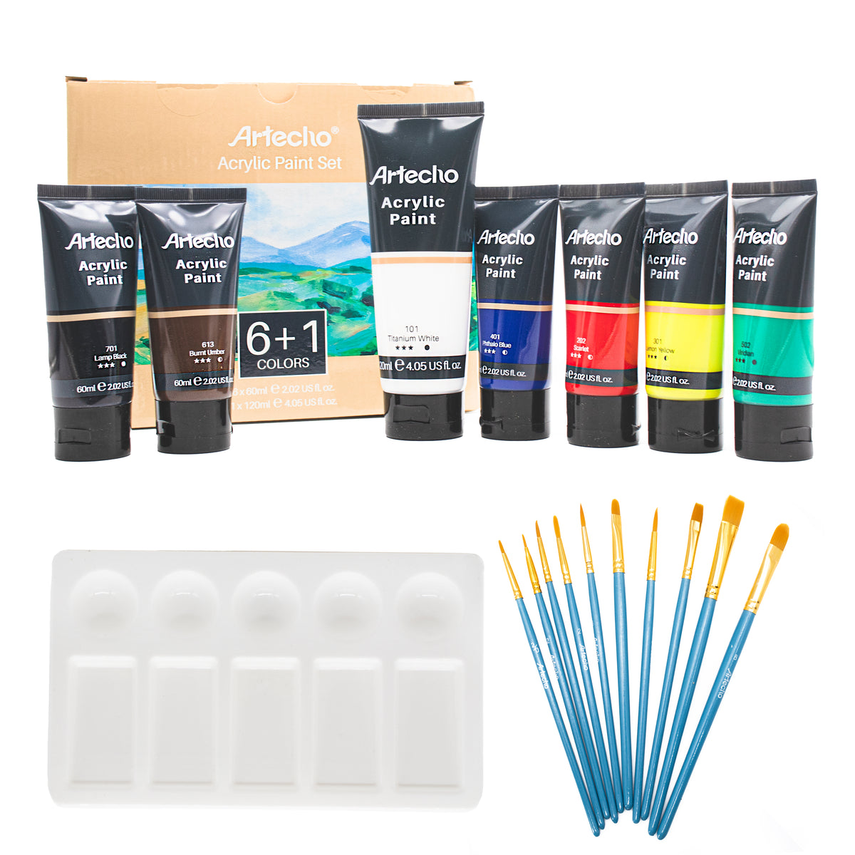 Artecho Künstlerset - 6 x 60ml + 1 x 120ml Wasserfest Acrylfarben mit 10 Pinseln & 1 Palette - SETL