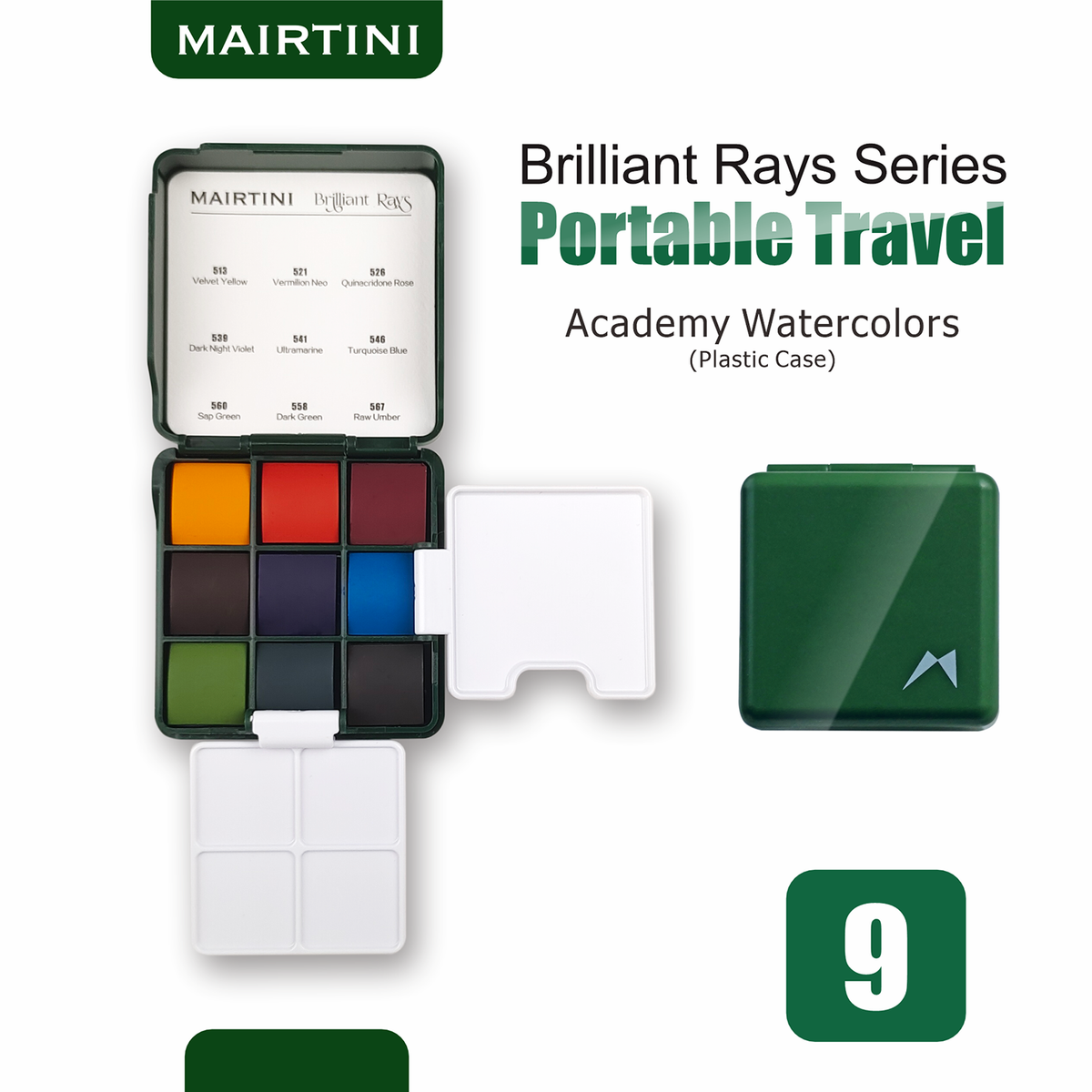 Mairtini Academy Aquarell-Set in halben Näpfchen, 9 Farben (Grüner/Roter/Macaron Premium Metallkasten) - SETL