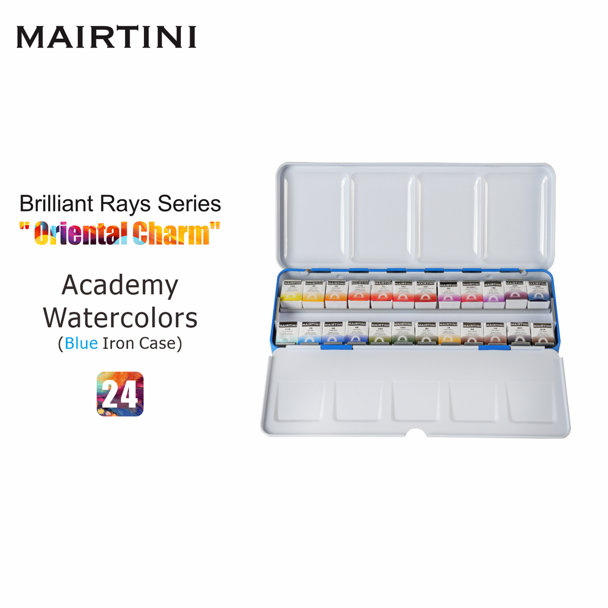 Mairtini Academy „Orientalischer Charme“ Aquarell-Set in halben Näpfchen (Blauer/Roter Premium Metallkasten) - SETL
