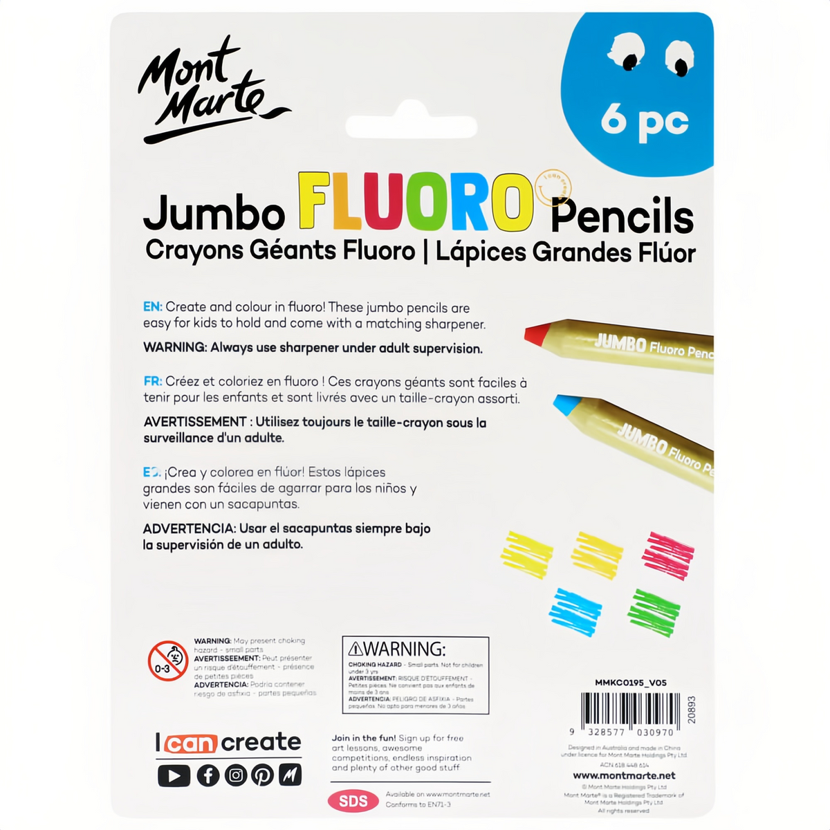 Mont Marte Jumbo Buntstifte Set  - 5 Neonstifte mit 1 Bleistiftspitzer - SETL