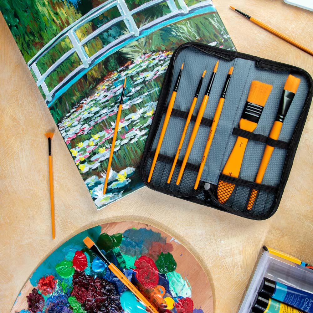 Mont Marte Pinselset 10-teilig – Taklon Pinsel für Acryl-, Öl-, Gouache- und Aquarellfarben im Reißverschluss-Etui - SETL