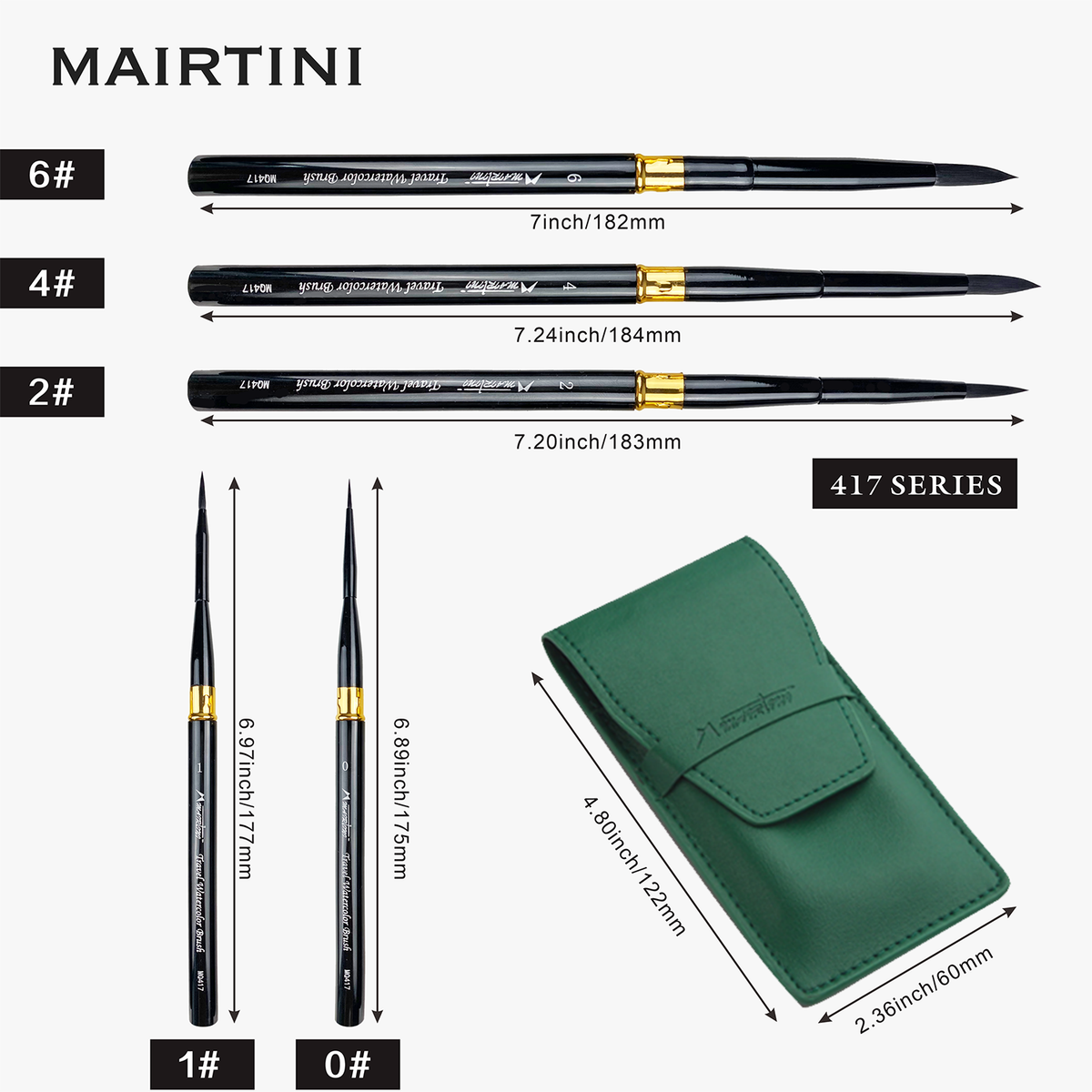 MAIRTINI TravelMate Aquarellpinsel – Reiseset Grün Nr.0/1/2/4/6 - SETL