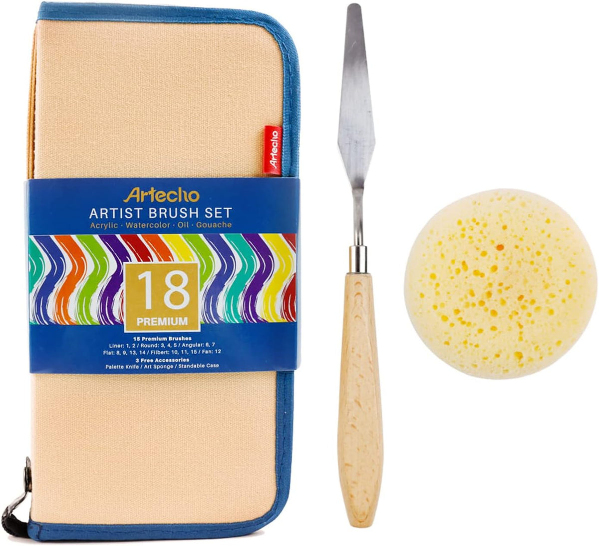 Artecho Nylon Borsten Pinselset - 15 Stk. Pinsel inklusive Malmesser & Schwamm - SETL