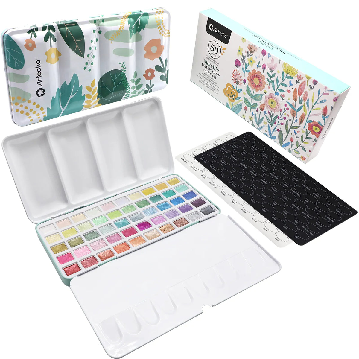 Artecho Metallic Aquarellfarben Set - 50 Wasserfarben im praktischen Metalletui - SETL