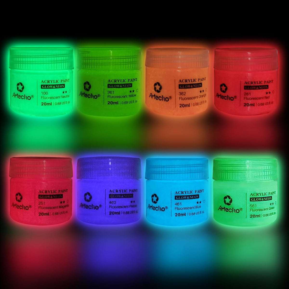 Artecho Neon & Glow Acrylfarben – 6 x 59 ml / 8 x 20 ml – Leuchtende Neonfarben unter Schwarzlicht & sanfter Nachleuchteffekt im Dunkeln - SETL