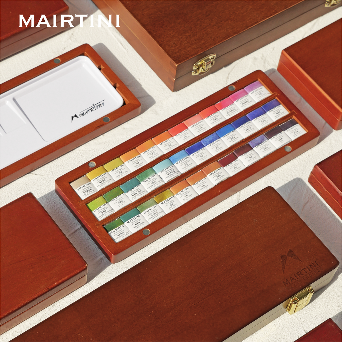 Mairtini Caravaggio Professionelles Aquarellfarbe Set - 12 / 24 / 36 Farben in halben Näpfchen - in eleganter Metall- oder Holzbox - SETL
