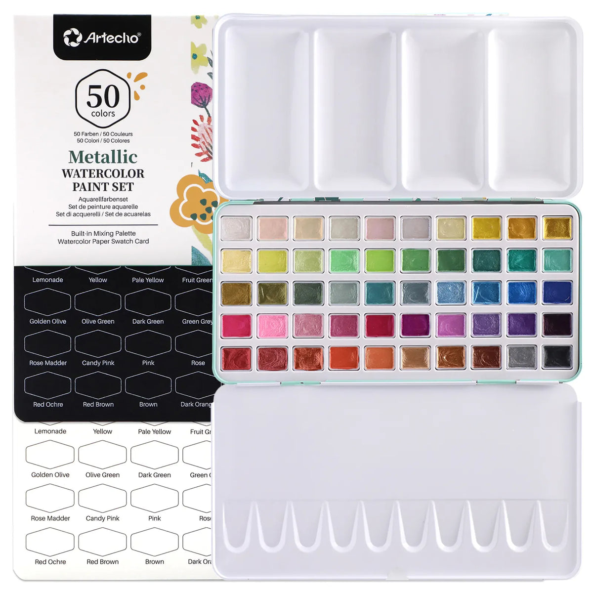 Artecho Metallic Aquarellfarben Set - 50 Wasserfarben im praktischen Metalletui - SETL