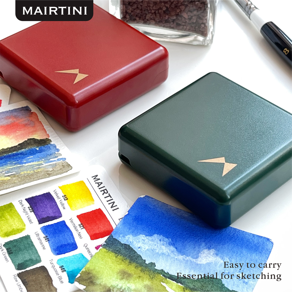 Mairtini Academy Aquarellfarbe Set - 9 intensive Farben im mini stylischen grün/ rot/ rosa Reiseetui - SETL