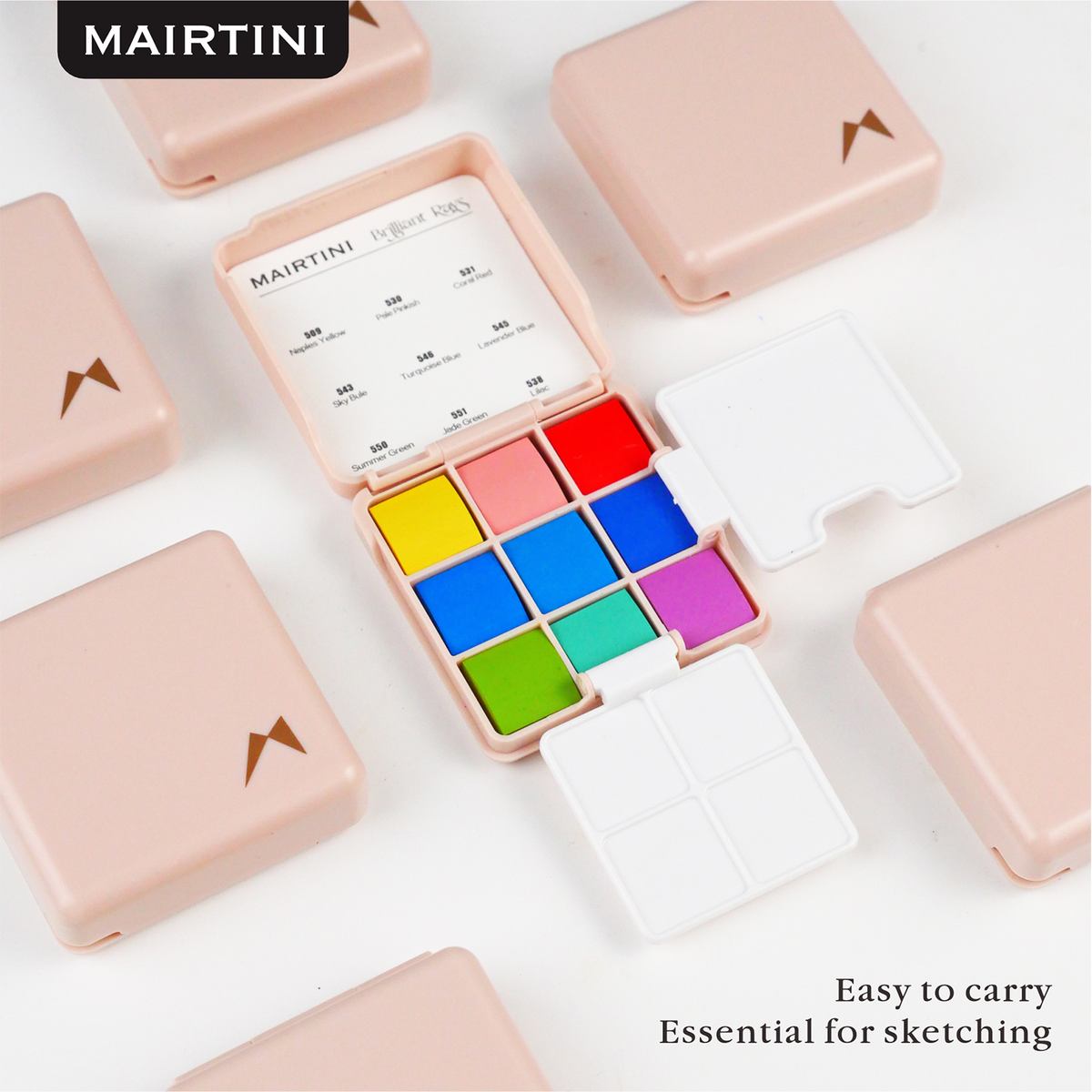 Mairtini Academy Aquarellfarbe Set - 9 intensive Farben im mini stylischen grün/ rot/ rosa Reiseetui - SETL
