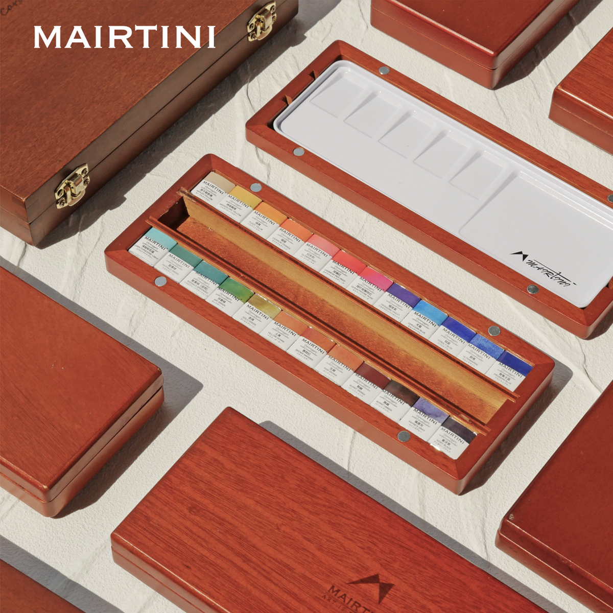Mairtini Caravaggio Professionelles Aquarellfarbe Set - 12 / 24 / 36 Farben in halben Näpfchen - in eleganter Metall- oder Holzbox - SETL