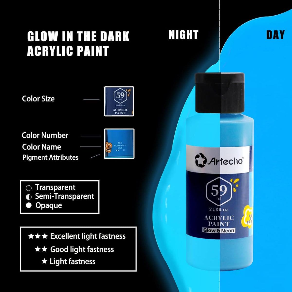 Artecho Neon & Glow Acrylfarben Set – 6x59ml in Flaschen, Neoneffekt unter Schwarzlicht - SETL