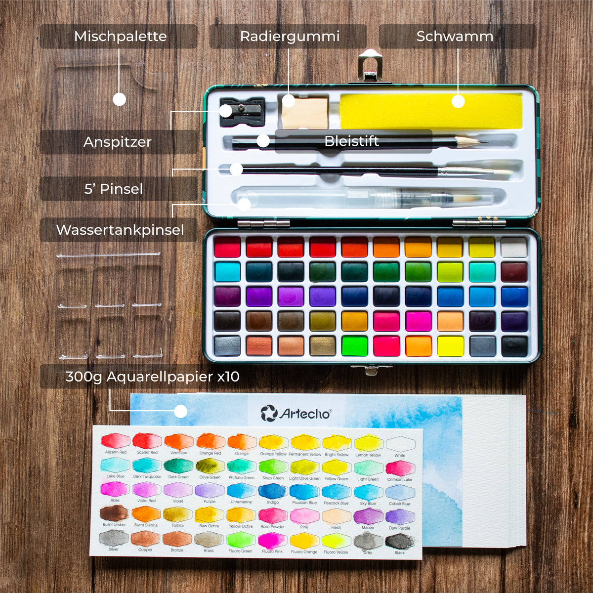 Artecho Aquarellfarben Set Premium - 50 / 100 / 128 Farben inkl. Zubehör - SETL