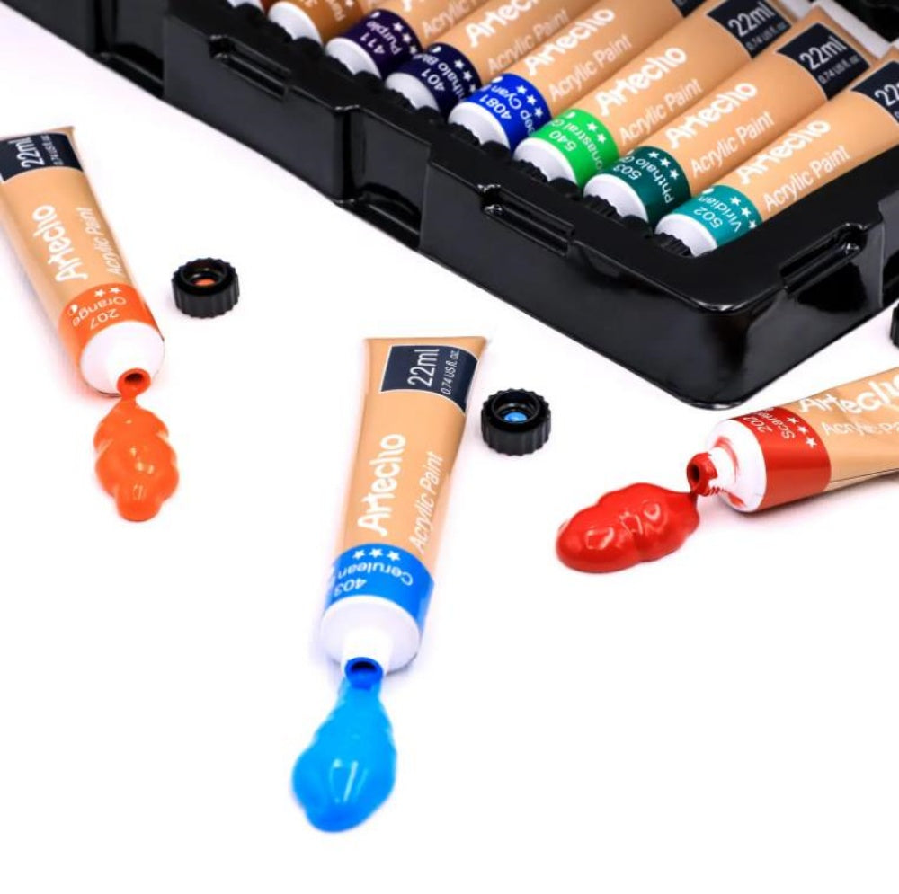 Artecho Künstlerset - 24 Farben x22ml in Tuben, 10 Pinsel, 1 Palette und 2 Malkartons - SETL