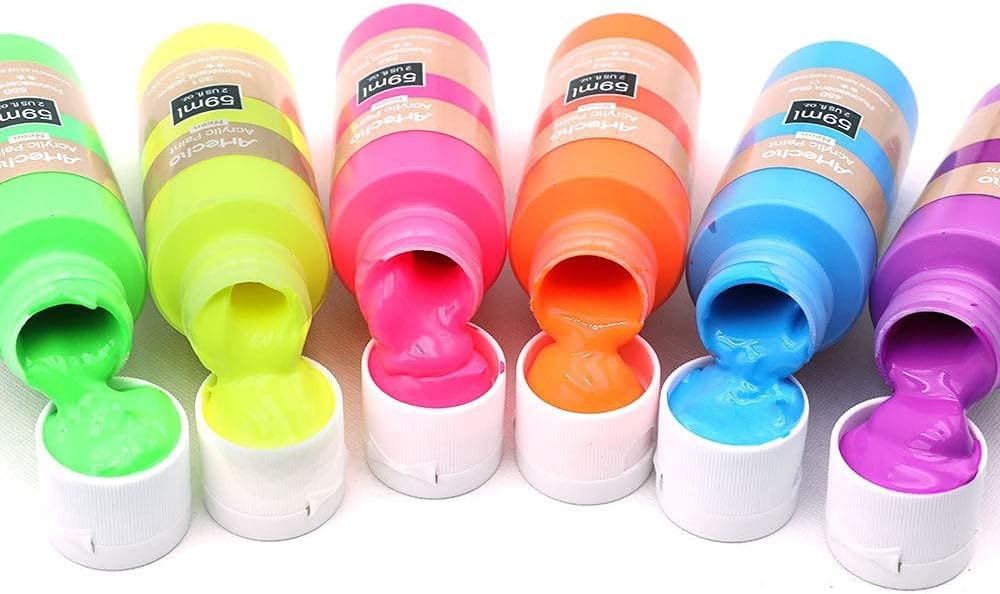Artecho Acrylfarben Set Neon - 6x59ml in Flaschen - Leuchtende, unter Schwarzlicht fluoreszierende - SETL