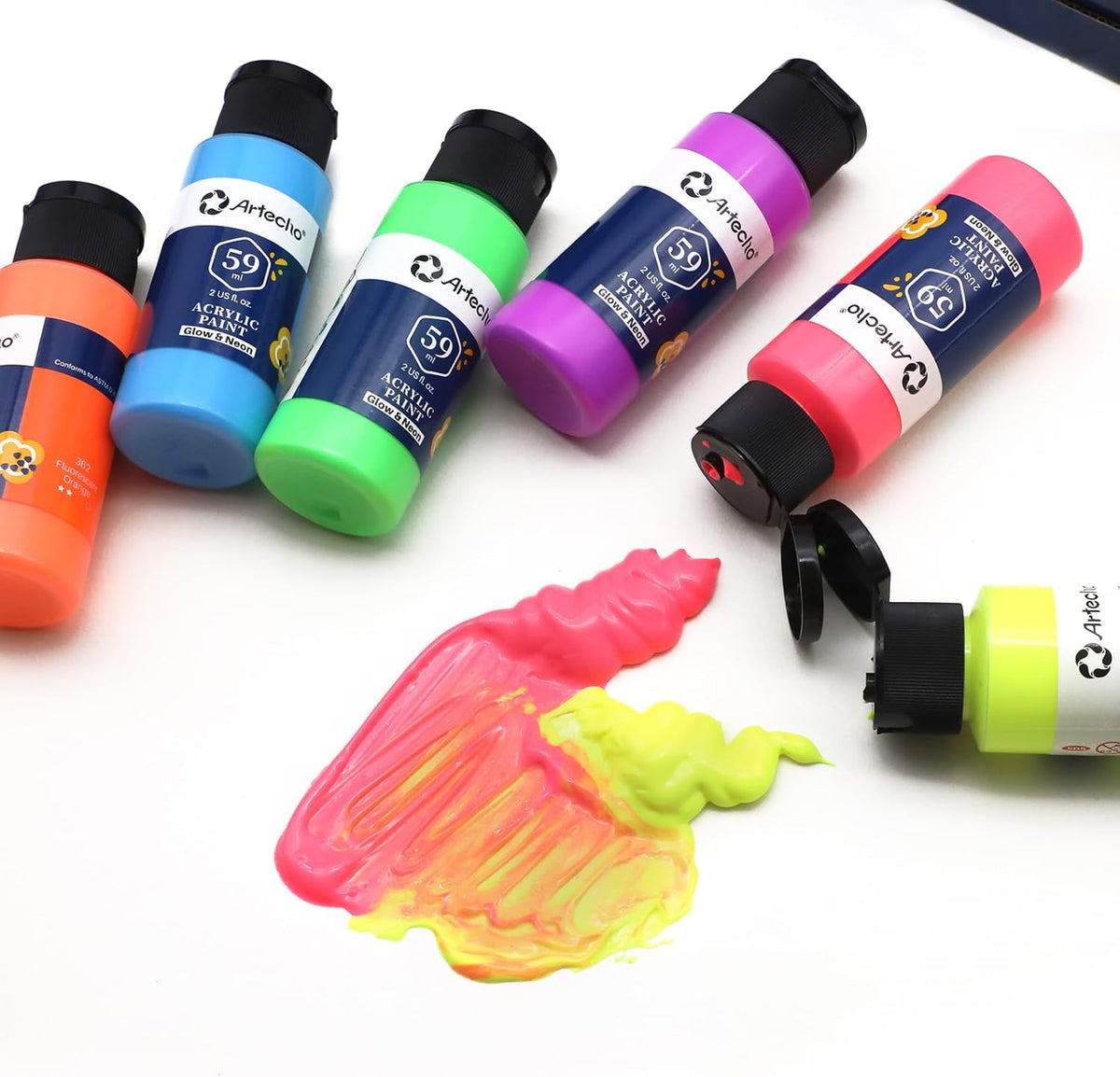 Artecho Neon & Glow Acrylfarben Set – 6x59ml in Flaschen, Neoneffekt unter Schwarzlicht - SETL