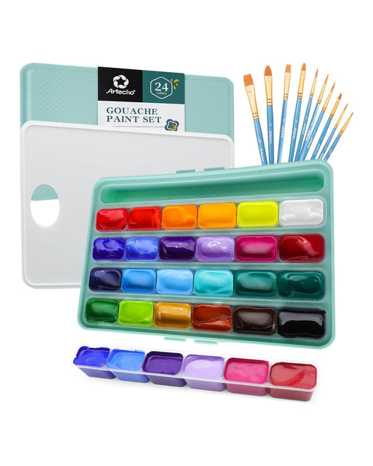 Artecho Gouache Set - 24 x 30 ml Farben mit 10 Pinseln und 1 Palette - SETL