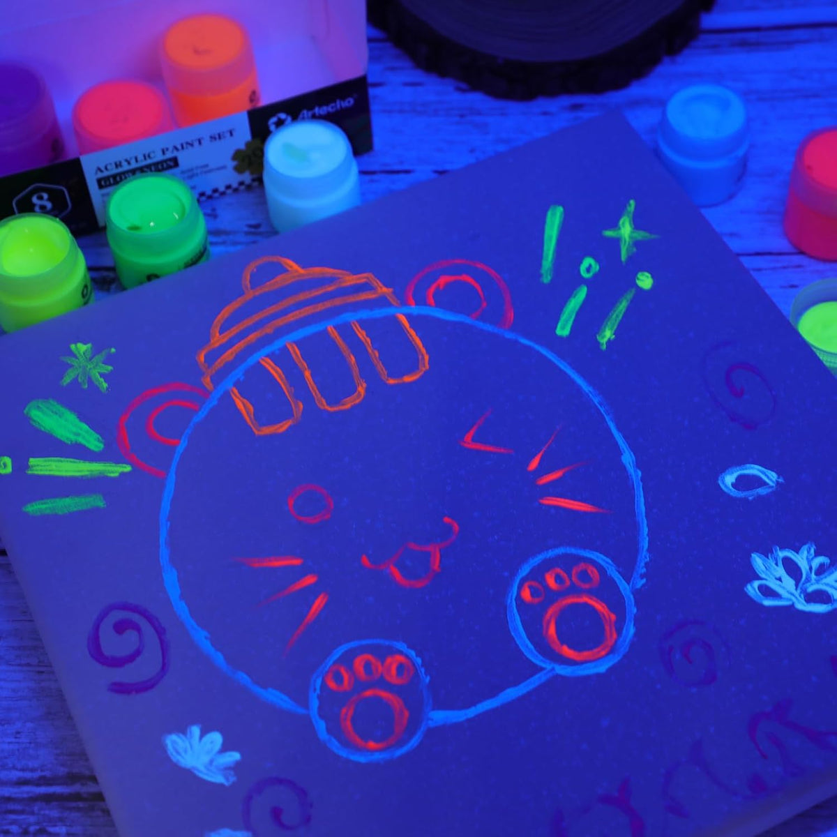 Artecho Neon & Glow Acrylfarben – 6 x 59 ml / 8 x 20 ml – Leuchtende Neonfarben unter Schwarzlicht & sanfter Nachleuchteffekt im Dunkeln - SETL