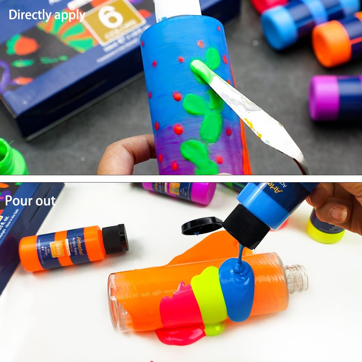 Artecho Neon & Glow Acrylfarben Set – 6x59ml in Flaschen, Neoneffekt unter Schwarzlicht - SETL