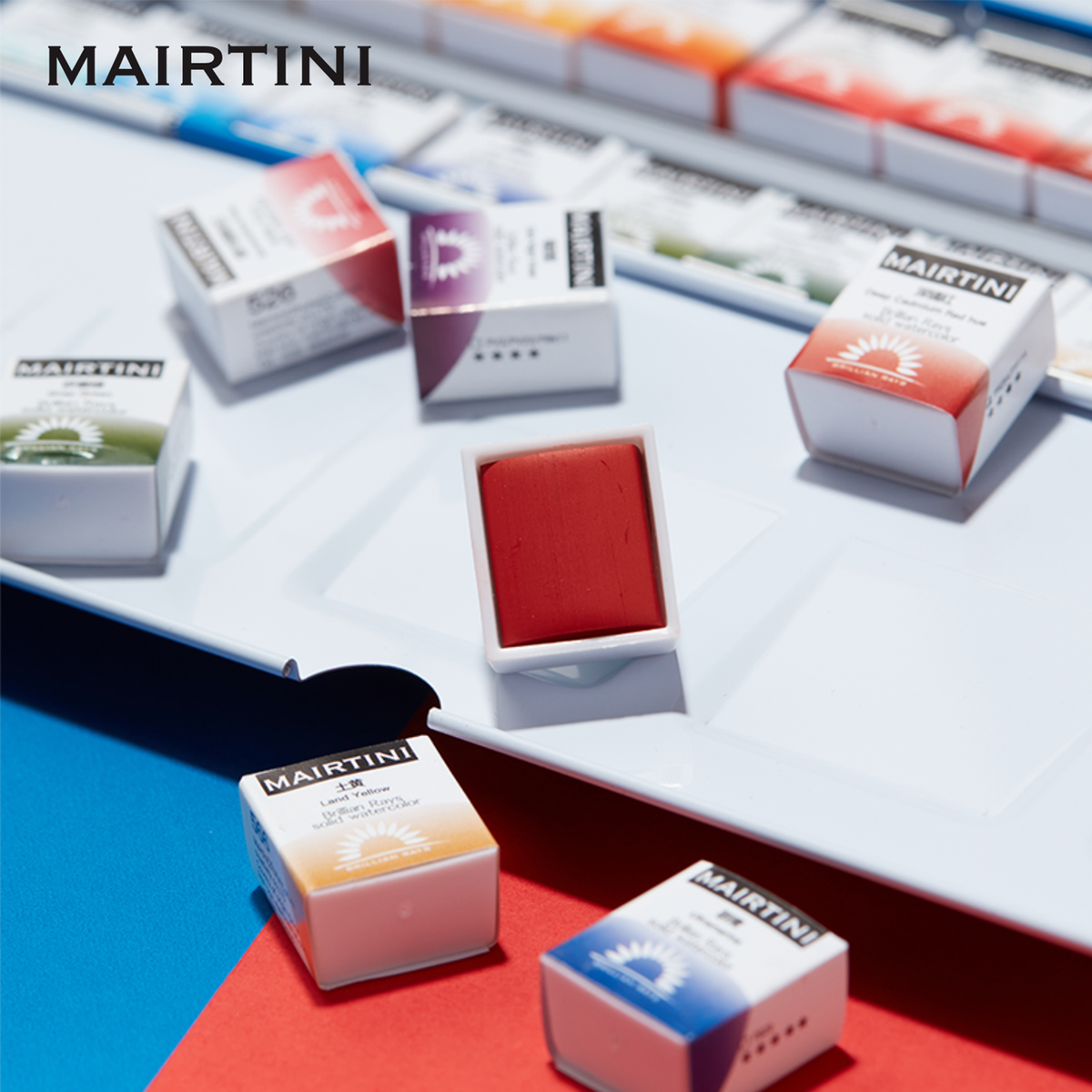 Mairtini Academy „Orientalischer Charme“ Aquarell-Set in halben Näpfchen (Blauer/Roter Premium Metallkasten) - SETL