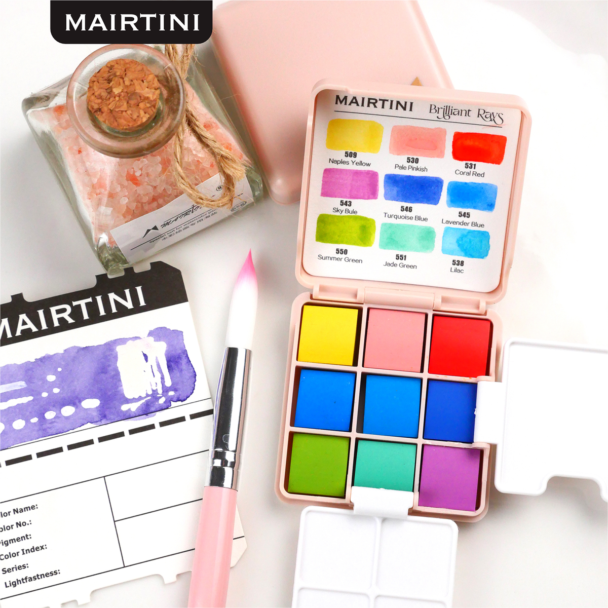 Mairtini Academy Aquarellfarbe Set - 9 intensive Farben im mini stylischen grün/ rot/ rosa Reiseetui - SETL