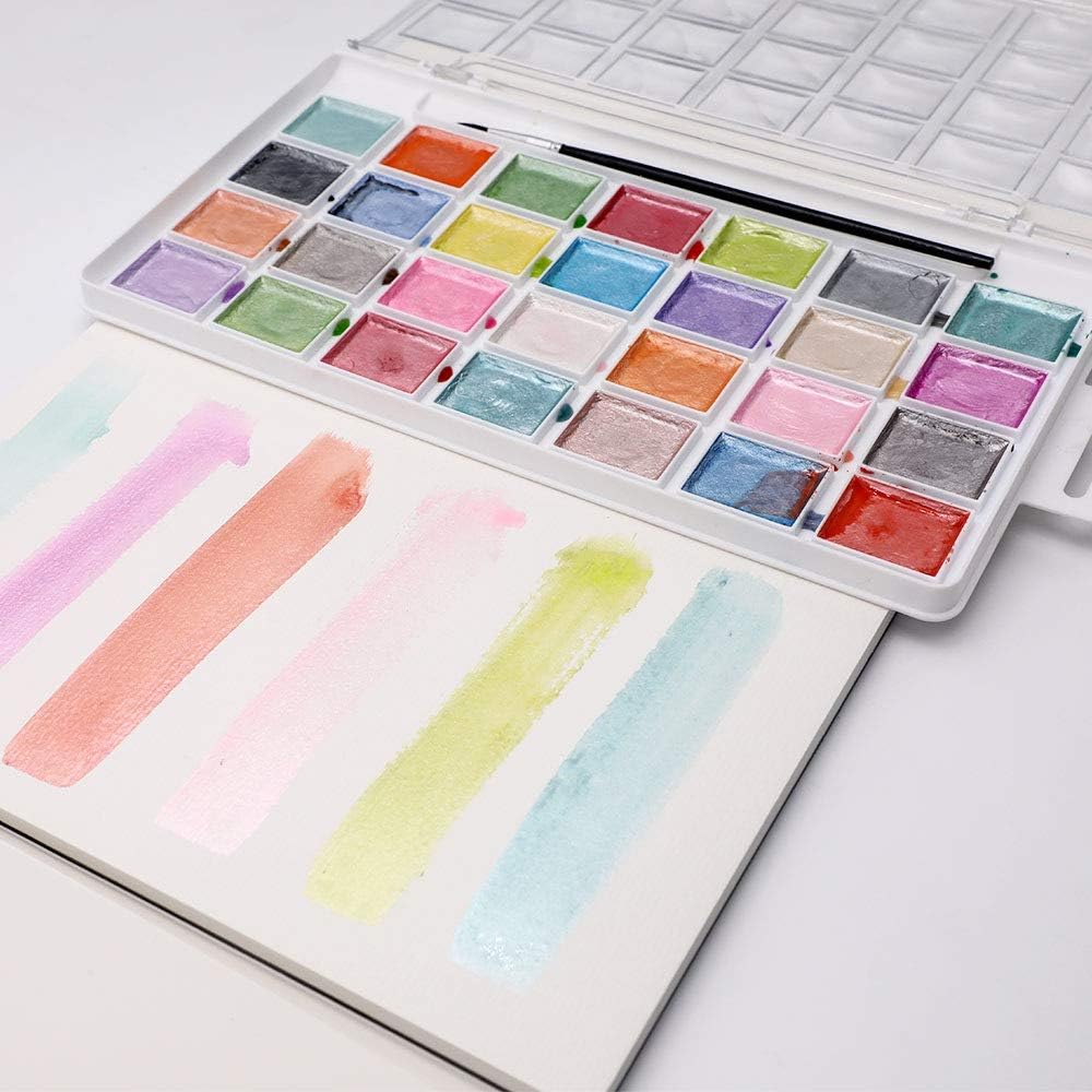 Artecho Metallic Aquarellfarben Set - 28 Perlglanz-Metallic Farben mit Pinsel - SETL