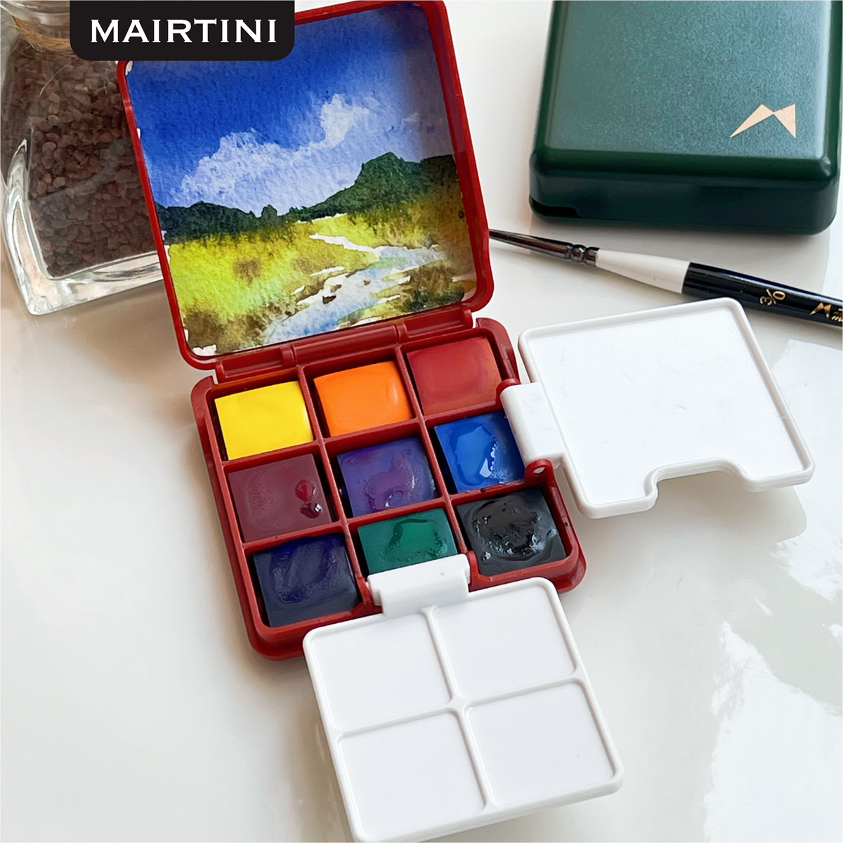 Mairtini Academy Aquarell-Set in halben Näpfchen, 9 Farben (Grüner/Roter/Macaron Premium Metallkasten) - SETL