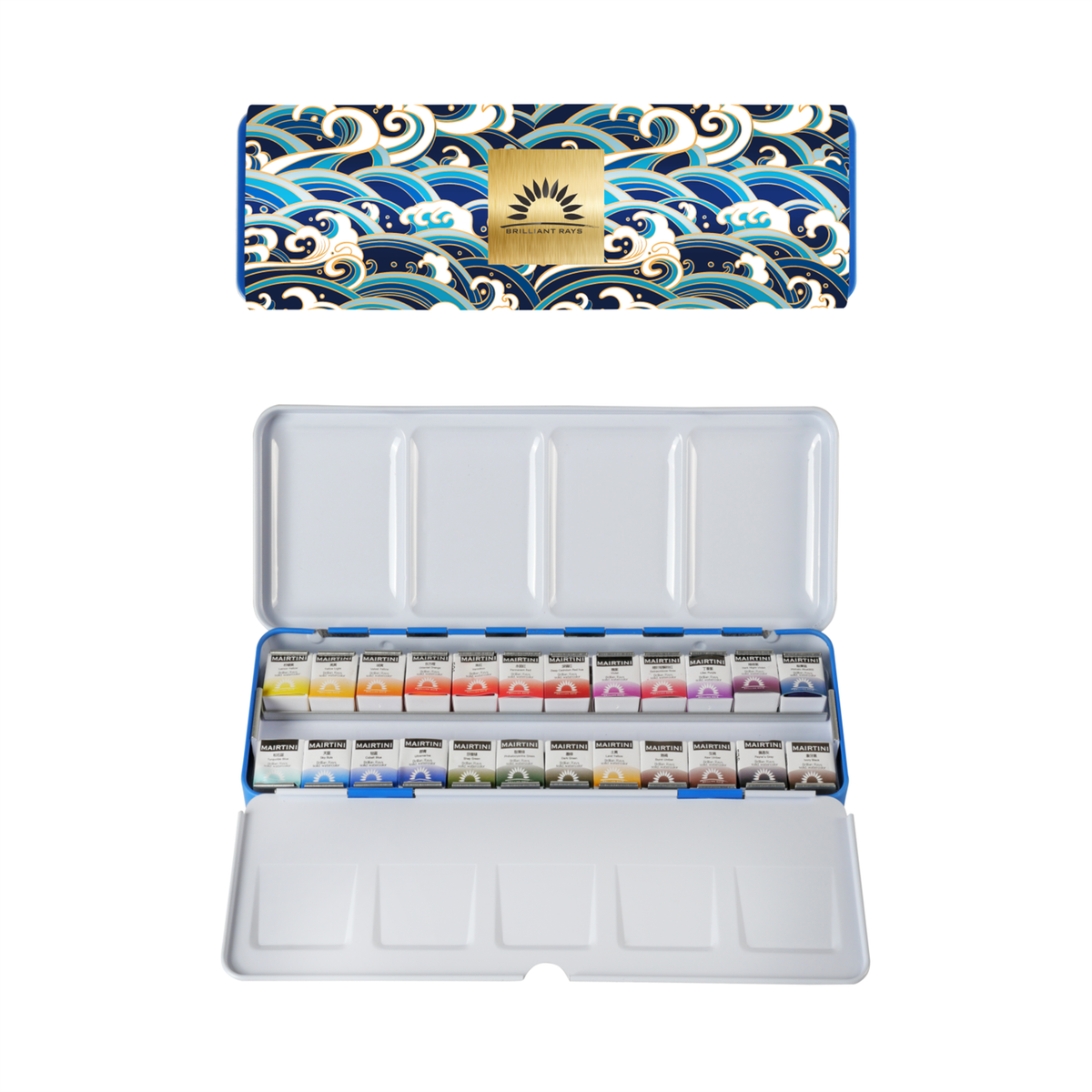 Mairtini Aquarellfarbe Set - 24 brillante Farben in halben Näpfchen - Verpackung in Blau/ Rot - SETL