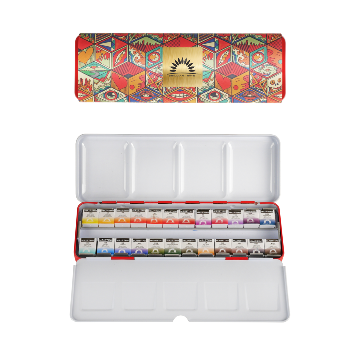 Mairtini Aquarellfarbe Set - 24 brillante Farben in halben Näpfchen - Verpackung in Blau/ Rot - SETL