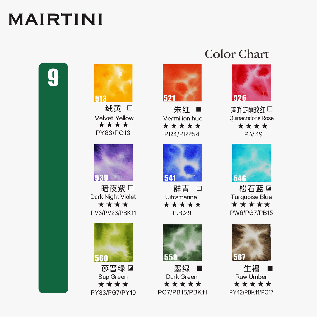 Mairtini Academy Aquarell-Set in halben Näpfchen, 9 Farben (Grüner/Roter/Macaron Premium Metallkasten) - SETL