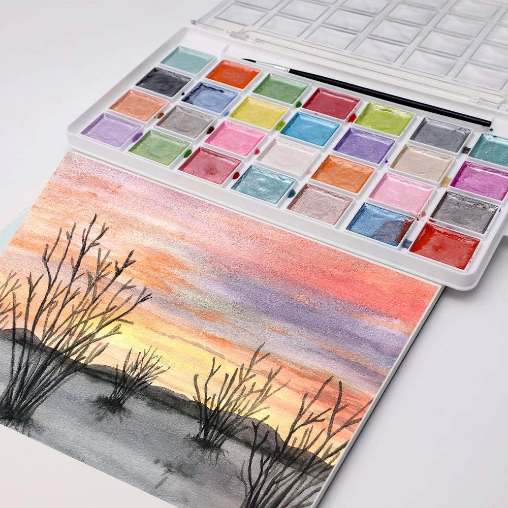 Artecho Metallic Aquarellfarben Set - 28 Perlglanz-Metallic Farben mit Pinsel - SETL