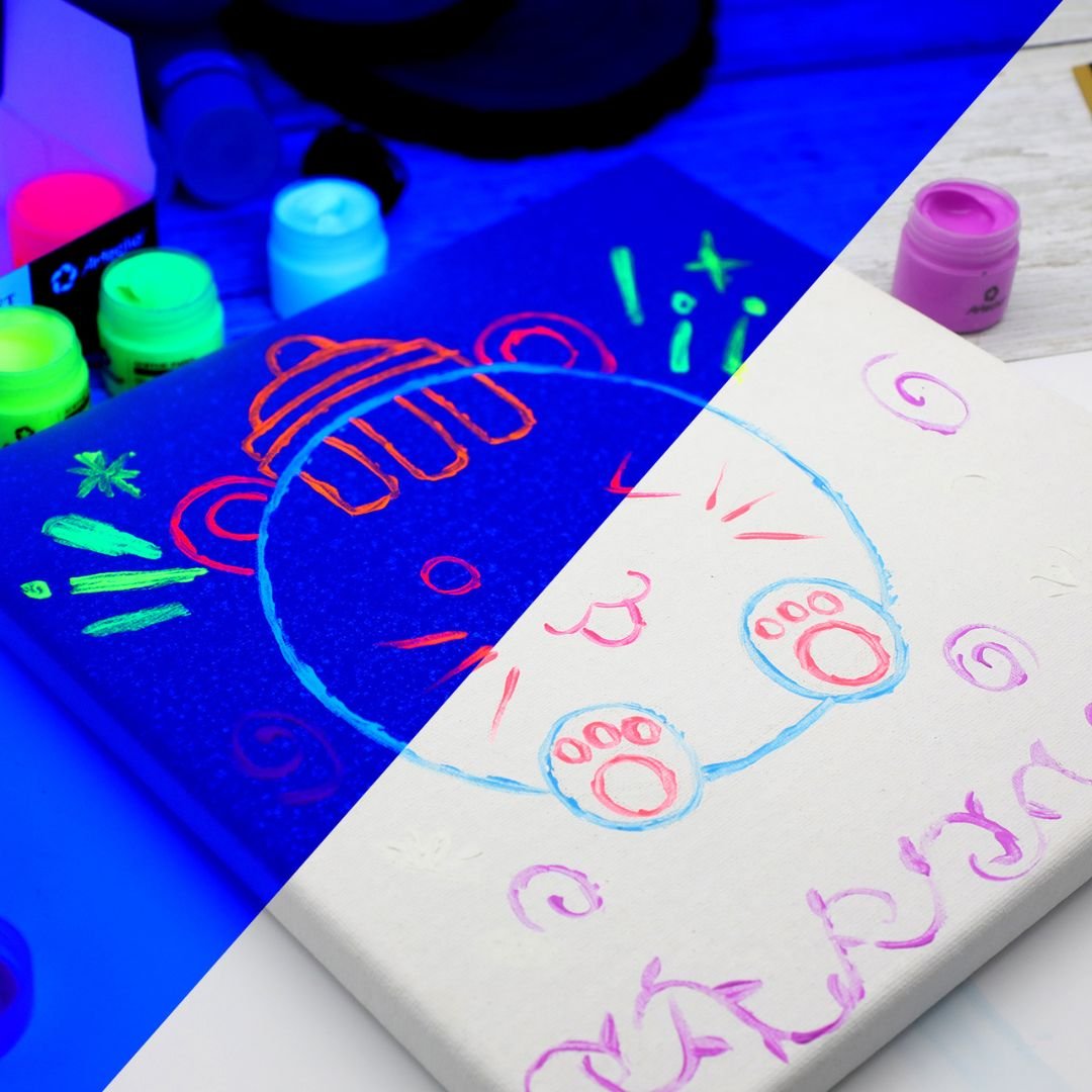 Artecho Neon & Glow Acrylfarben – 6 x 59 ml / 8 x 20 ml – Leuchtende Neonfarben unter Schwarzlicht & sanfter Nachleuchteffekt im Dunkeln - SETL