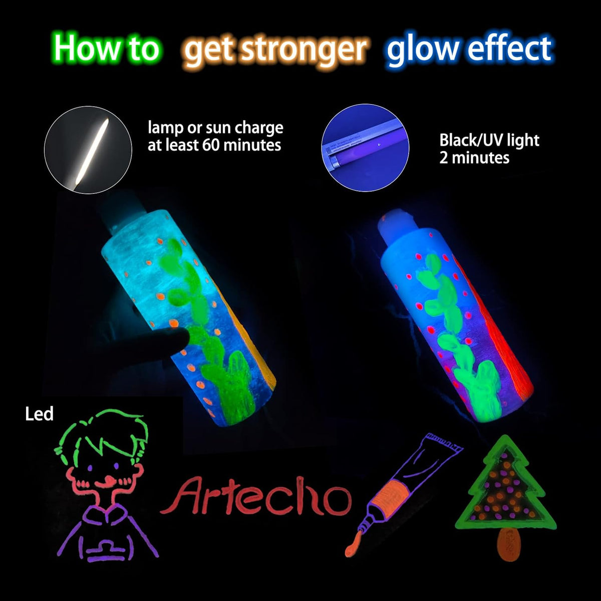 Artecho Neon & Glow Acrylfarben Set – 6x59ml in Flaschen, Neoneffekt unter Schwarzlicht - SETL