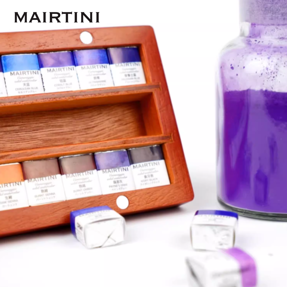 Mairtini Caravaggio Professionelles Aquarellfarbe Set - 12 / 24 / 36 Farben in halben Näpfchen - in eleganter Metall- oder Holzbox - SETL