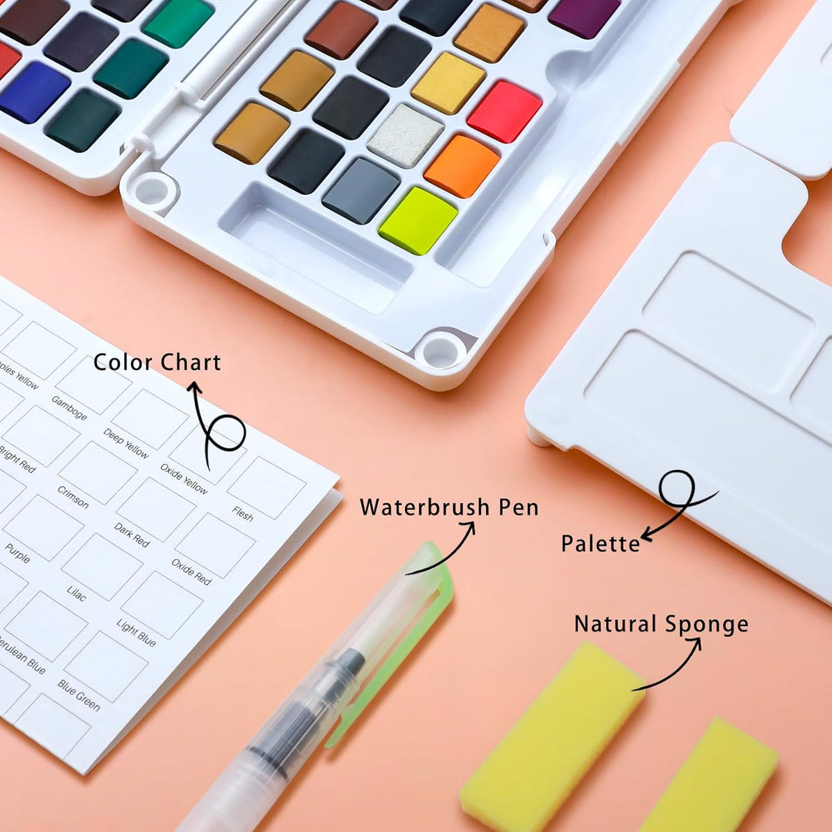 Artecho Aquarellfarben Set – 24 / 48 / 72 Farben mit Wassertankpinsel & Schwamm - SETL