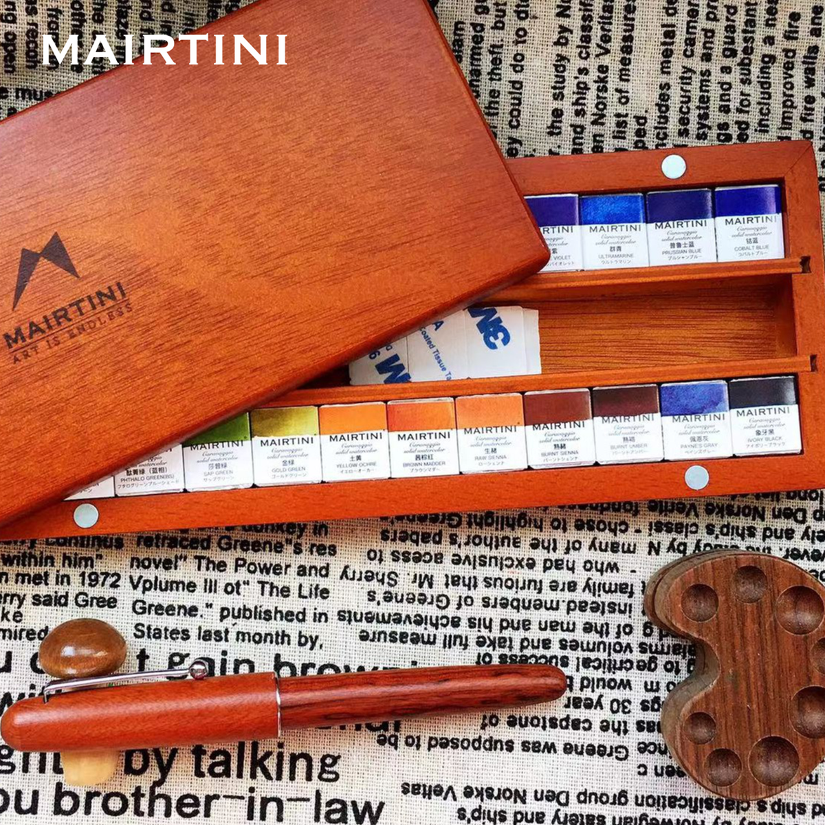 Mairtini Caravaggio Professionelles Aquarellfarbe Set - 12 / 24 / 36 Farben in halben Näpfchen - in eleganter Metall- oder Holzbox - SETL