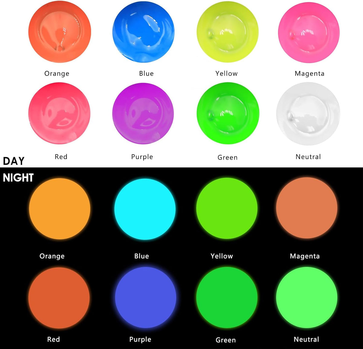 Artecho Neon & Glow Acrylfarben – 6 x 59 ml / 8 x 20 ml – Leuchtende Neonfarben unter Schwarzlicht & sanfter Nachleuchteffekt im Dunkeln - SETL