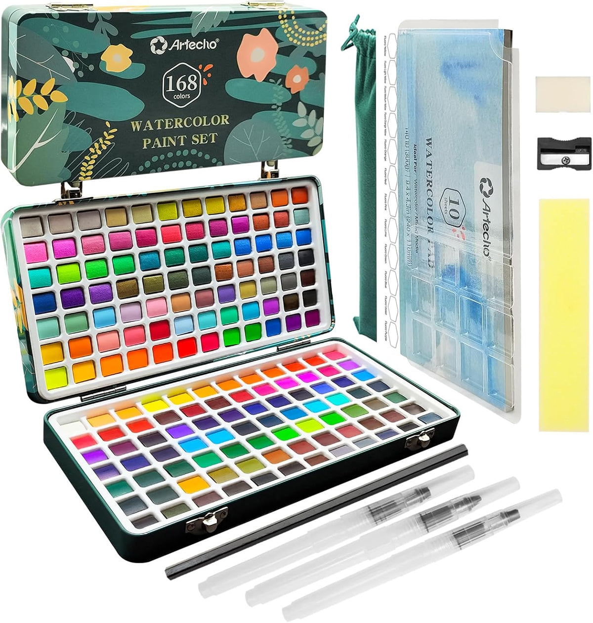 Artecho Aquarellfarben Set - 50 / 100 / 128 / 168 Wasserfarben mit Aquarellpapieren & Pinseln - SETL