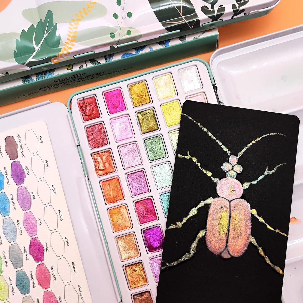 Artecho Metallic Aquarellfarben Set - 50 Wasserfarben im praktischen Metalletui - SETL