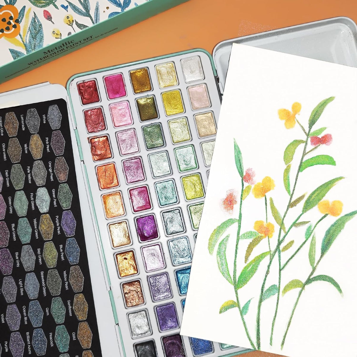 Artecho Metallic Aquarellfarben Set - 50 Wasserfarben im praktischen Metalletui - SETL