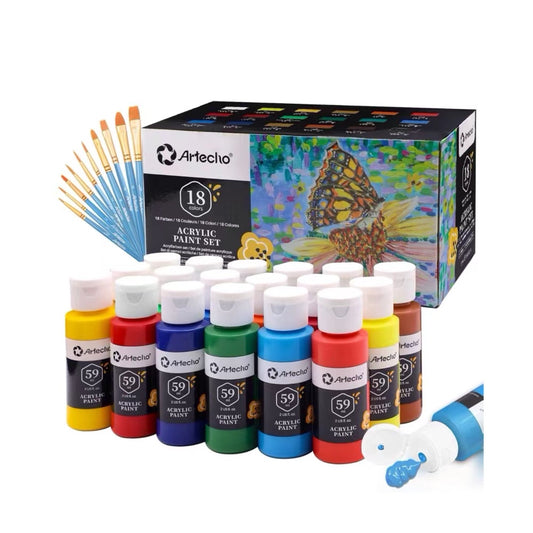Artecho Künstlerset - 18 / 24 / 48 x 59ml Wasserfest Acrylfarben mit 10 Pinseln - SETL