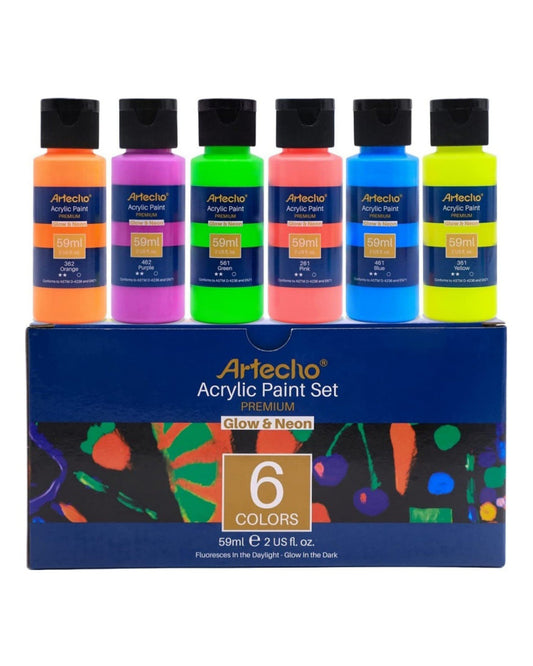 Artecho Neon & Glow Acrylfarben Set – 6x59ml in Flaschen, Neoneffekt unter Schwarzlicht - SETL