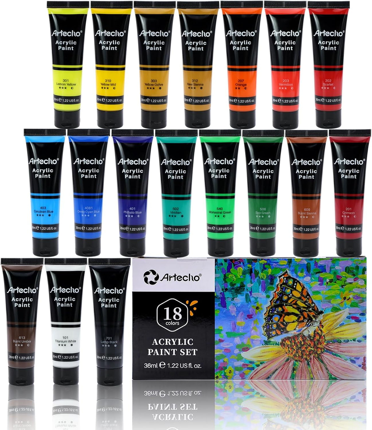 Artecho Acrylfarben Set - 18/ 24 / 48 wasserfeste Farben,  je 36 ml Tuben - SETL