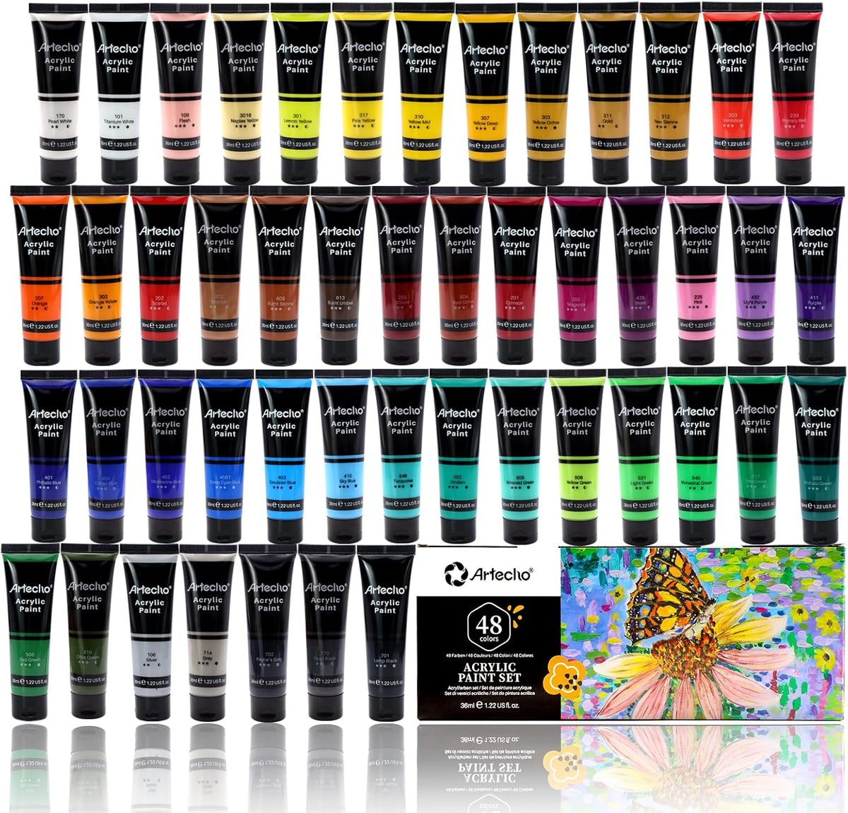 Artecho Acrylfarben Set - 18/ 24 / 48 wasserfeste Farben,  je 36 ml Tuben - SETL