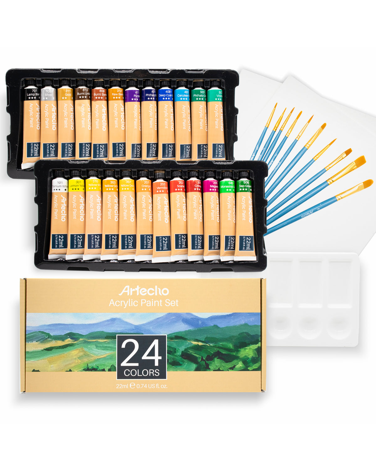 Artecho Künstlerset - 24x22ml in Tuben, 10 Pinsel, 1 Palette und 2 Malkartons - SETL