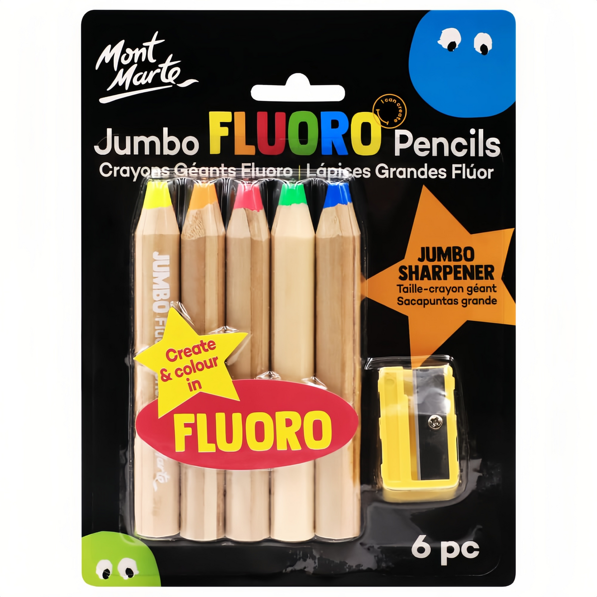 Mont Marte Jumbo Buntstifte Set  - 5 Neonstifte mit 1 Bleistiftspitzer - SETL